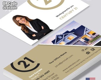 Tarjetas de presentación personalizadas para agentes inmobiliarios de Century 21, con foto y código QR (mate o brillante).