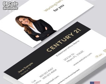 Tarjetas de presentación personalizadas para agentes inmobiliarios de Century 21, con foto y código QR (mate o brillante).