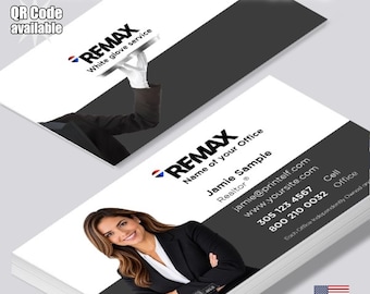 Tarjetas de presentación personalizadas para agentes inmobiliarios de RE/MAX, con foto personalizada y código QR (mate o brillante).