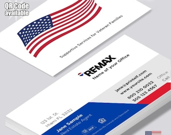 Tarjetas de presentación personalizadas para agentes inmobiliarios de RE/MAX, con foto personalizada y código QR (mate o brillante) con la bandera de Estados Unidos.