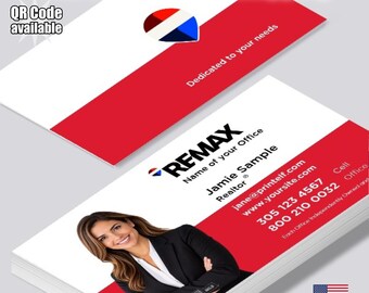 Tarjetas de presentación personalizadas para agentes inmobiliarios de RE/MAX, con foto personalizada y código QR (mate o brillante).