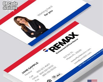 Tarjetas de presentación personalizadas para agentes inmobiliarios de RE/MAX, con foto personalizada y código QR (mate o brillante).