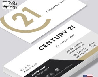 Tarjetas de presentación personalizadas para agentes inmobiliarios de Century 21, con foto y código QR (mate o brillante).