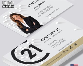 Tarjetas de presentación personalizadas para agentes inmobiliarios de Century 21, con foto y código QR (mate o brillante).