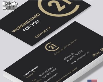 Tarjetas de presentación personalizadas para agentes inmobiliarios de Century 21, con foto y código QR (mate o brillante).