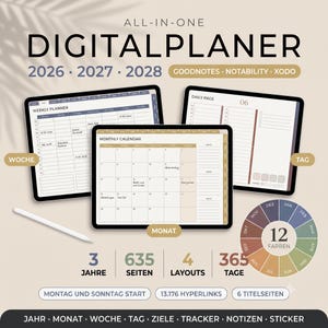 Könnte beinhalten: Ein All-in-One Digitalplaner für 2026, 2027 und 2028 auf drei Tablet-Bildschirmen mit Wochen-, Tages- und Monatsansichten. Enthält einen Eingabestift, ein 12-Farben-Rad und Text mit Angaben zu 3 Jahren, 635 Seiten, 4 Layouts, 365 Tagen, 13.176 Hyperlinks und 6 Titelseiten.