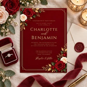 Puede incluir: Una tarjeta de invitación de boda de color rojo intenso con texto dorado y detalles florales de rosas rojas y crema. El texto dice: Together with their families, you are warmly invited to the wedding of Charlotte and Benjamin, June 14, 2025.