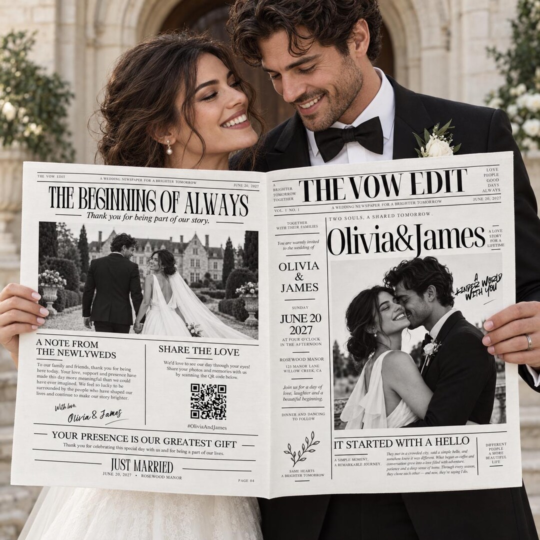 Wedding Newspaper Canva Template, Editable 4-page Wedding Program ...