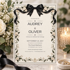 May include: A rectangular wedding invitation card on cream paper featuring a large black satin bow at the top. The border is decorated with illustrations of white flowers and green leaves. The text reads: THE WEDDING OF AUDREY & OLIVER, SEPTEMBER 18, 2027.