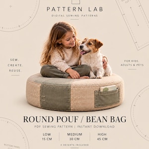 May include: A round pouf bean bag sewing pattern by Pattern Lab. The design features a beige and olive green fabric construction with an optional side pocket. The pattern includes three height options: 15 cm, 30 cm, and 45 cm, with a 60 cm diameter.