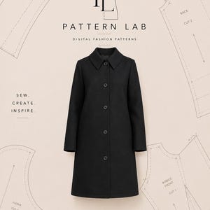Könnte beinhalten: Ein schwarzer knielanger Mantel mit Kragen und fünf Knöpfen auf der Vorderseite, zentriert auf einem Hintergrund mit Schnittmuster-Umrissen, dem Text Pattern Lab, Digital Fashion Patterns, Sew. Create. Inspire. und Timeless Designs. Endless Possibilities.