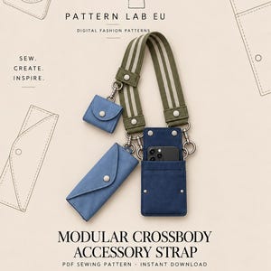 Puede incluir: Un conjunto de correa modular para accesorios cruzados con una correa de tela a rayas verdes y blancas, una funda para teléfono azul oscuro, una bolsa rectangular azul claro y una pequeña bolsa cuadrada azul claro. Texto: Pattern Lab EU.