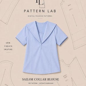 Puede incluir: Una blusa de manga corta color azul claro con cuello marinero, sobre diagramas de patrones de costura, con el texto "PATTERN LAB", "SAILOR COLLAR BLOUSE", "SEW. CREATE. INSPIRE." e iconos para descarga instantánea.