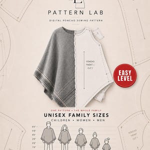 Puede incluir: Un patrón de costura digital para poncho de Pattern Lab con un poncho de diseño dividido en gris y blanco. El diseño incluye piezas técnicas de patrón, una insignia de nivel fácil y una tabla de tallas para niños, mujeres y hombres.