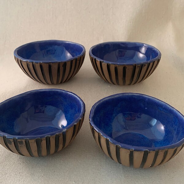 Ice cream blue bowls. Set of 4 bowls. Blue ceramic bowls.  Blue Handmade bowls