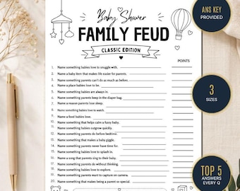 May include: A white paper Baby Shower Family Feud game sheet with black text and line drawings of a mobile, hot air balloon, and teddy bear. The sheet includes twenty numbered questions, a name field, and a total points field for participants.