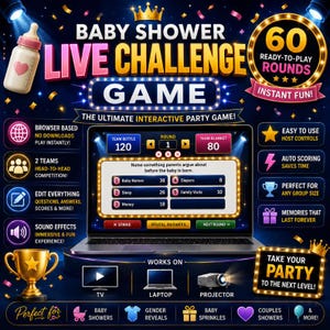 May include: A digital baby shower game featuring a laptop screen displaying a trivia challenge with scores for Team Bottle and Team Blanket. The dark blue background includes gold confetti, a baby bottle, a trophy, and text detailing game features.