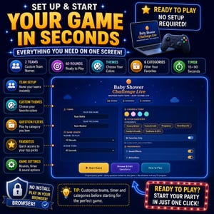 Live gameplay screen of Baby Shower Live Challenges featuring interactive answer reveal, Family Feud style questions, built-in timer, strike system, score tracking, and browser-based party entertainment. Designed for baby shower games, gender reveal celebrations, baby sprinkle events, and family game nights with an easy-to-use interface and instant digital download.