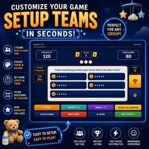 Interactive Baby Shower Live Challenges game displaying customizable team setup, editable player names, browser-based gameplay, automatic score tracking, and modern party game design. Perfect for baby shower parties, coed baby showers, gender reveal events, and baby sprinkle celebrations. This HTML browser game provides a fun and engaging digital experience for guests of all ages