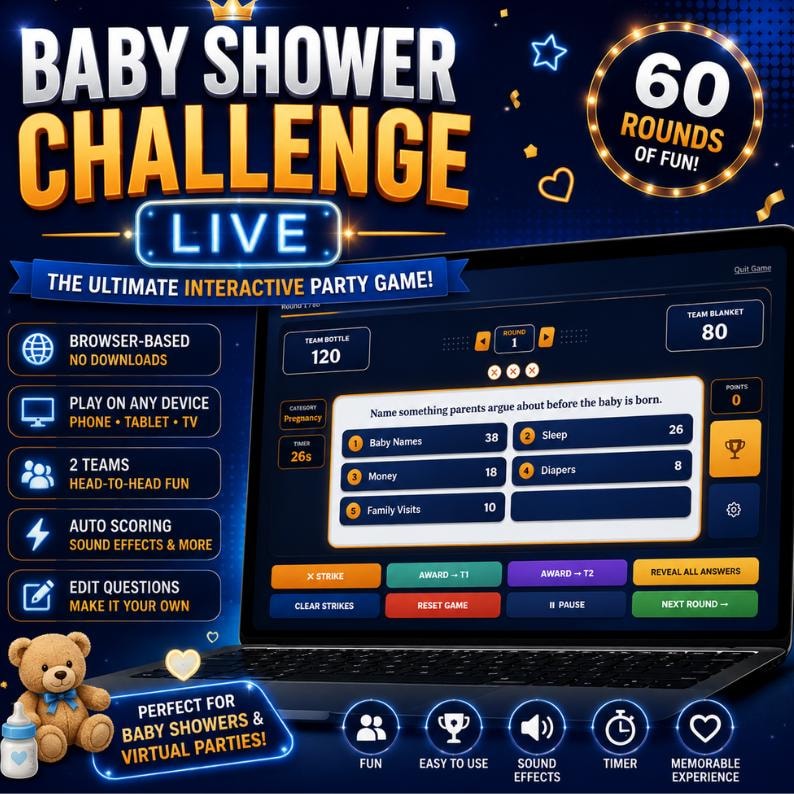 Live gameplay screen of Baby Shower Live Challenges featuring interactive answer reveal, Family Feud style questions, built-in timer, strike system, score tracking, and browser-based party entertainment. Designed for baby shower games, gender reveal celebrations, baby sprinkle events, and family game nights with an easy-to-use interface and instant digital download.