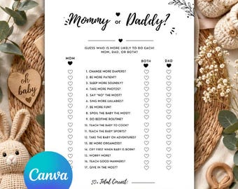 Könnte beinhalten: Ein weißes Spielblatt aus Papier mit dem Titel Mommy or Daddy? und einer Liste von siebzehn Fragen mit herzförmigen Ankreuzfeldern für Mom, Both oder Dad. Der Text enthält Fragen wie Change more diapers, Sleep more soundly und Teach the baby sports.