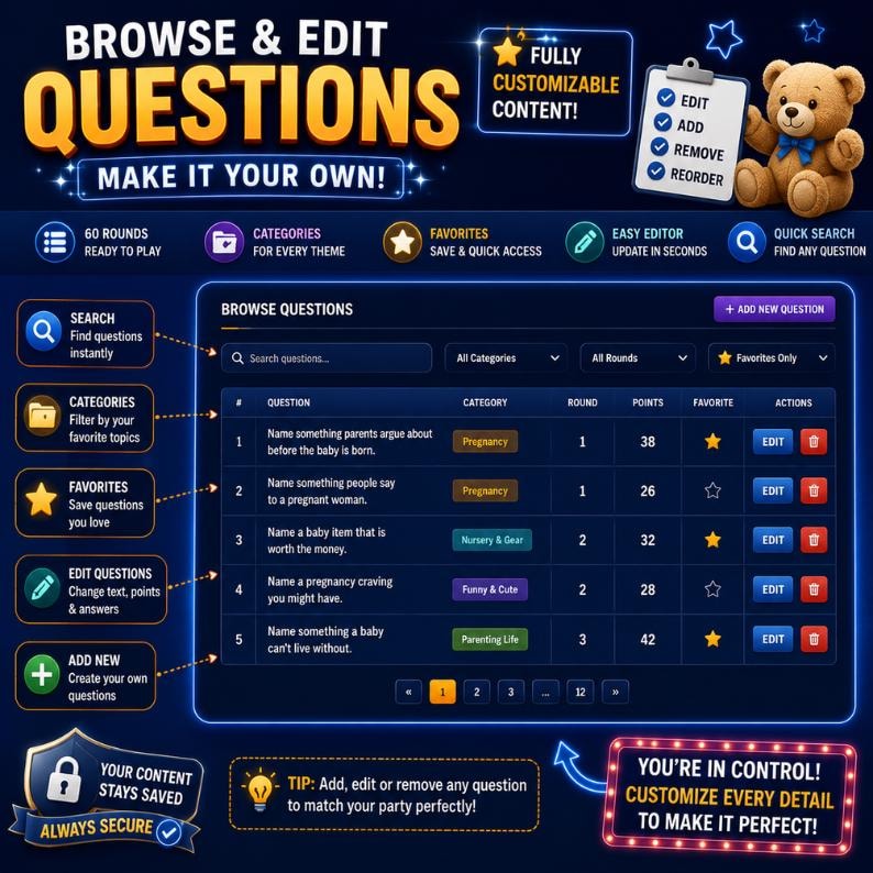 Question browser inside Baby Shower Live Challenges showing editable questions, searchable game content, customizable answers, and browser-based Family Feud gameplay. Perfect for hosts looking for reusable baby shower activities, interactive party games, HTML browser games, and instant digital downloads that create memorable celebrations for family and friends