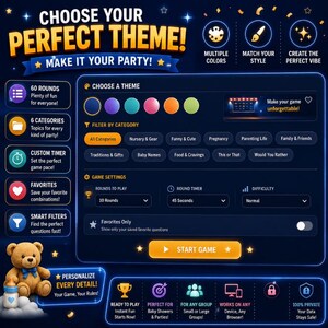 Editable Baby Shower Live Challenges browser game demonstrating customizable questions, answers, colors, settings, and party game options for every celebration. This interactive HTML game is perfect for baby shower hosts who want a reusable digital download for baby showers, baby sprinkle parties, gender reveal celebrations, and family game nights.