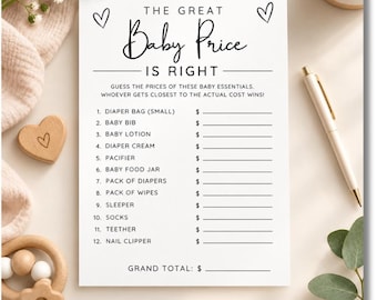 Könnte beinhalten: Eine weiße rechteckige Spielkarte mit der Überschrift THE GREAT Baby Price IS RIGHT in schwarzer Schrift und zwei Herzumrissen. Die Karte listet zwölf Babyartikel mit Leerzeilen für Preisschätzungen und einer Zeile für die Gesamtsumme.