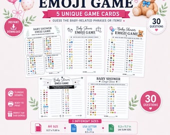 May include: A set of five printable baby shower emoji game cards featuring 30 questions each. The cards include various emoji sequences for guests to decode. The design includes a teddy bear, balloons, and text specifying A4, US Letter, and 8.3 by 11.7 inch sizes.