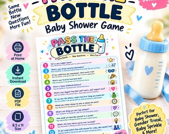 Babyparty-Spiel „Flaschen weitergeben“ (druckbare Vorlage), „Links-Rechts-Preis-Weitergabe“, Aktivität für die Gender-Reveal-Party, Babyparty-PDF