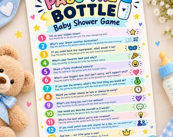 Juego imprimible de pasar la botella para baby shower, juego de pasar el premio de izquierda a derecha, actividad para fiesta de revelación de género, PDF para baby shower