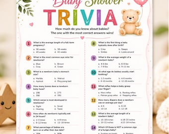 Könnte beinhalten: Eine Babyparty-Quizkarte mit dem Text Baby Shower TRIVIA, einem Teddybären, einem rosa Luftballon und grünen Blättern. Die Karte enthält vierzehn Multiple-Choice-Fragen über Babys, eine Zeile für den Namen und einen Bereich für die Gesamtpunktzahl.
