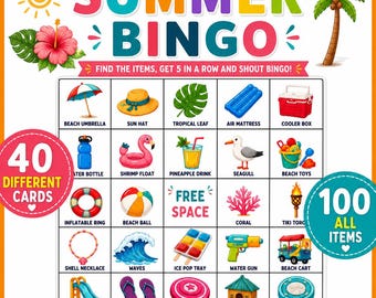 Könnte beinhalten: Eine Summer Bingo-Spielkarte mit einem Raster aus 25 Feldern, die bunte Illustrationen von Strandartikeln wie Sonnenschirm, Sonnenhut, Luftmatratze, Kühlbox, Wasserflasche, Flamingo-Schwimmring, Ananasgetränk, Möwe und Strandspielzeug zeigt.