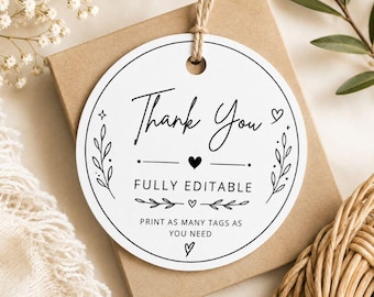 Editable Thank You Tags Template, Printable 2 Inch Round Favor Tags, Bridal Shower and Baby Shower Tags