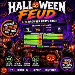 Halloween Feud Party Game HTML, Halloween Friendly Feud Game, Interactive Halloween Chrome Browser Game, 40 Editable Rounds, No Power Point