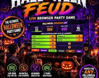 Halloween Feud Party Game HTML, Halloween Friendly Feud Game, Interactive Halloween Chrome Browser Game, 40 Editable Rounds, No Power Point