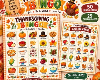 Könnte beinhalten: Ein Thanksgiving-Bingo-Spielset mit 50 Bingokarten und 25 Ziehkarten. Die Karten zeigen bunte Illustrationen von Truthähnen, Kürbissen, Füllhörnern, Kuchen und Herbstblättern mit dem Text Thanksgiving Bingo, Eat, Be Grateful, Have Fun.
