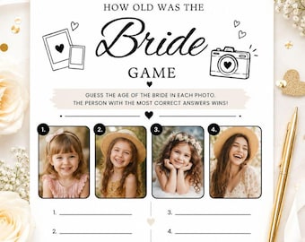 Könnte beinhalten: Ein weißes Spielblatt aus Papier mit der Überschrift How Old Was The Bride Game, schwarzem Text und Strichzeichnungen von einer Kamera und Fotorahmen. Es enthält vier nummerierte Fotofelder und Leerzeilen zum Eintragen der geschätzten Alter.