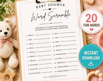 Könnte beinhalten: Ein weißes Spielblatt mit dem Titel Baby Shower Word Scramble mit zwanzig zu lösenden Worträtseln, befestigt auf einem braunen Klemmbrett. Das Blatt zeigt schwarzen Text, einen rosa Rand und ein kleines Herzsymbol.