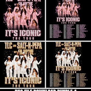 Op de afbeelding: Een zwart grafisch T-shirtontwerp met TLC, Salt-N-Pepa en En Vogue in roze of gouden outfits. De tekst luidt TLC AND SALT-N-PEPA WITH EN VOGUE IT'S ICONIC THE TOUR, inclusief een lijst met tourdata en locaties op het ontwerp aan de achterzijde.