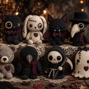 May include: A collection of eight crocheted plush figures including a black cat, a cream rabbit with stitches, a black bat, a plague doctor, a grey bear with a heart, a black bird, a grim reaper with a scythe, and a cream ghost with a heart.