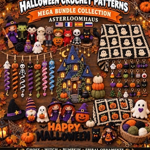 Könnte beinhalten: Eine Sammlung von über 100 Halloween-Häkelmustern mit verschiedenen Amigurumi-Figuren wie Geistern, Hexen, Kürbissen und einem Spukhaus. Das Bild zeigt fertige Häkelartikel, darunter Decken, Ornamente und Puppen, mit dem Text 100+ Halloween Crochet Patterns Mega Bundle Collection und Happy Halloween.