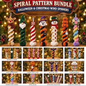 Könnte beinhalten: Eine Sammlung von gehäkelten Spiral-Windspielen mit Feiertagsmotiven wie Rentieren, Gnomen, Zuckerstangen, Geistern, Kürbissen, Schneemännern und Blumen. Der Text lautet ASTERLOOMHAUS 50+ HOLIDAY CROCHET SPIRAL PATTERN BUNDLE HALLOWEEN & CHRISTMAS.