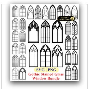 May include: A digital collection of black and white line art illustrations featuring various gothic stained glass window designs. The image includes the text "INSTANT DOWNLOAD", "SVG | PNG", and "Gothic Stained Glass Window Bundle" in black and red.