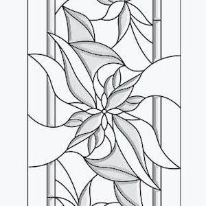 May include: A rectangular stained glass panel design featuring the text Dabal line at the top. The pattern consists of black outlines forming stylised floral shapes with grey shaded segments within a clear glass border frame structure.