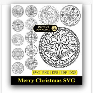 May include: A collection of circular black and white line art designs featuring Christmas themes like bells, snowflakes, and Santa Claus. The image includes the text INSTANT DOWNLOAD, SVG | PNG | EPS | PDF | DXF, and Merry Christmas SVG.