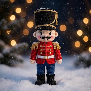 Könnte beinhalten: Eine gehäkelte Nussknacker-Puppe mit einem hohen schwarzen Hut mit Goldbesatz, einer roten Jacke mit goldenen Knöpfen und Fransen-Epauletten, einem weißen Gürtel mit goldener Schnalle, blauer Hose und schwarzen Stiefeln, leicht mit weißem Schnee bedeckt.