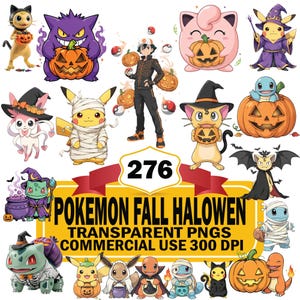 May include: A collection of digital illustrations featuring various Pokemon characters dressed in Halloween costumes, including pumpkins, witch hats, and mummy bandages, with a central banner displaying the text 276 POKEMON FALL HALOWEN.