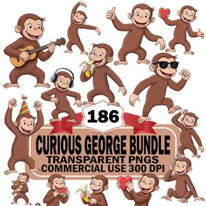 Paquete de 186 imágenes PNG de Curious Monkey George, imágenes prediseñadas de monos bebés adorables, archivos de sublimación Cricut para niños con estilo de dibujos animados, descarga digital instantánea.