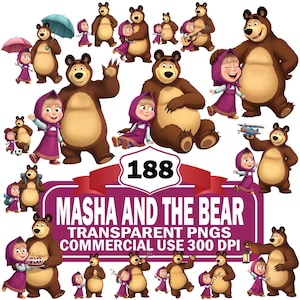 Op de afbeelding: Een verzameling digitale illustraties van Masja en de Beer in diverse houdingen, waaronder met een taart, een gitaar en een paraplu. De centrale tekst luidt 188 MASHA AND THE BEAR TRANSPARENT PNGS COMMERCIAL USE 300 DPI.